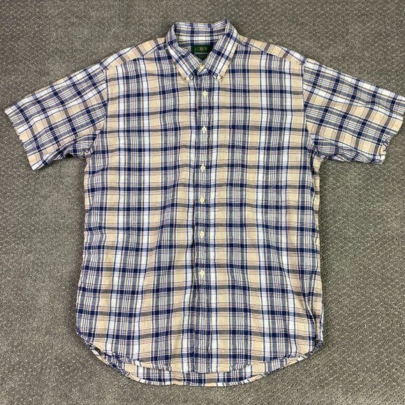 Vtg J. CREW Oarsman Button Down Shirt India Short Sleeve Plaid Madras Mens Large - Picture 1 of 9